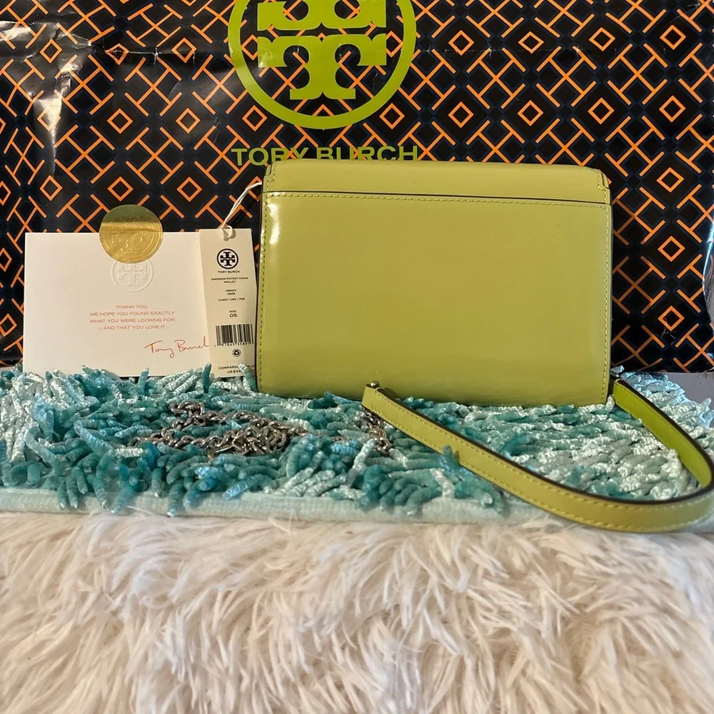 Brand New Authentic Tory Burch Emerson Patent Chain Wallet Candy Lime /705 - Picture 2 of 6